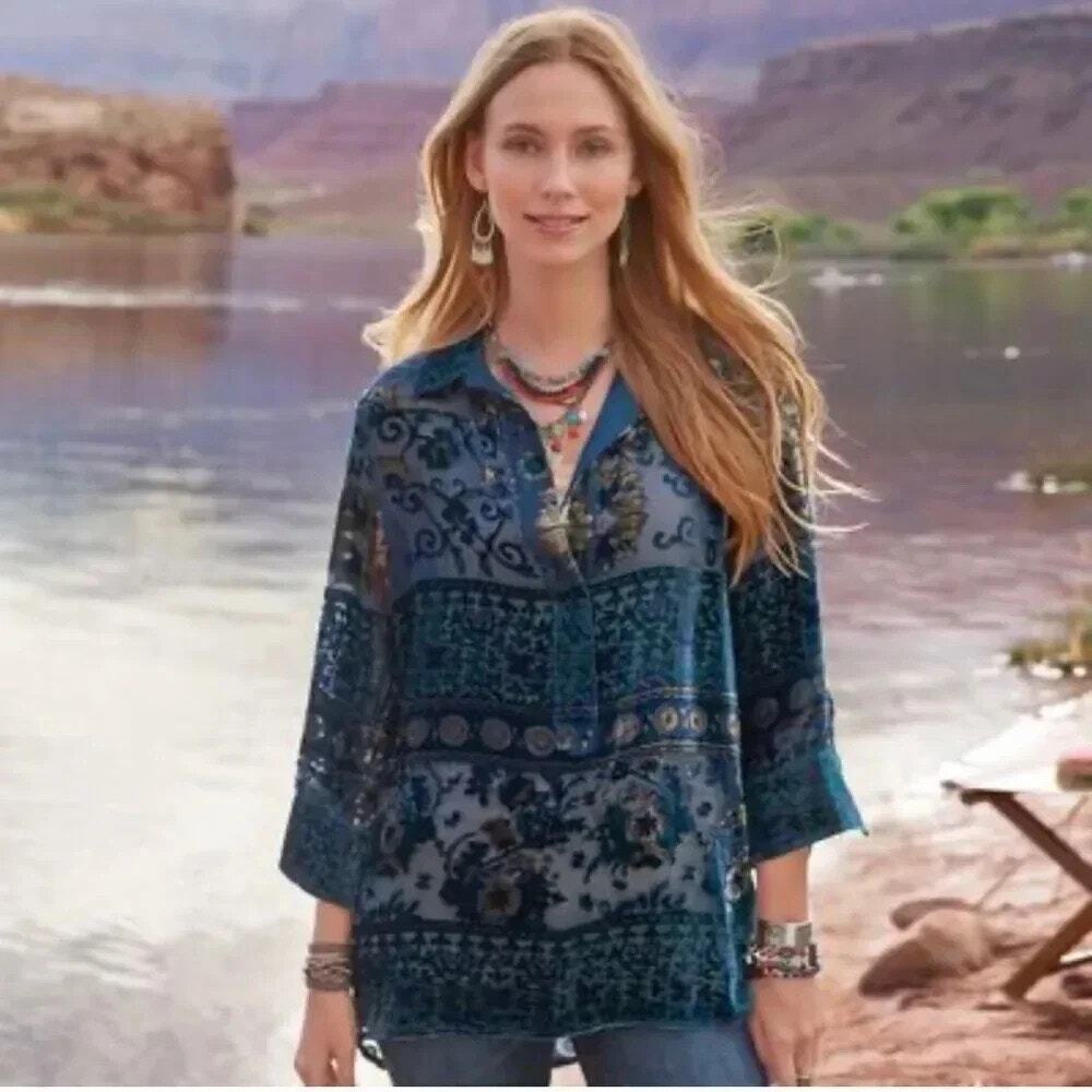Sundance Midnight Hue Navy Blue Velvet Burnout Tunic Sz Small